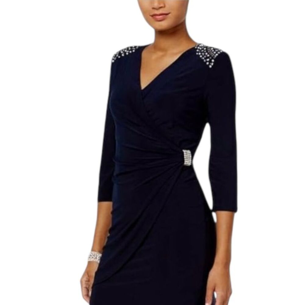 R&M Richards Plus Women's Size 14W Rhinestone Gathered Long Dress Black Cocktail
